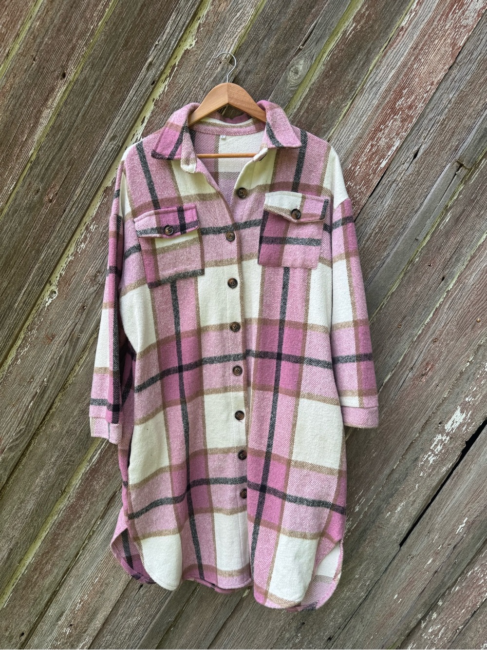Pink Plaid Long Shacket Size L Oversized Shirt Jacket Cottagecore Fall